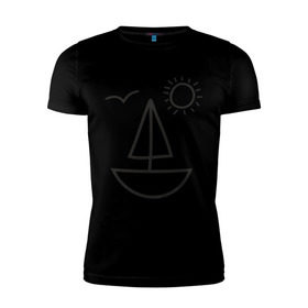 Мужская футболка премиум с принтом Настроение - море в Санкт-Петербурге, 92% хлопок, 8% лайкра | приталенный силуэт, круглый вырез ворота, длина до линии бедра, короткий рукав | корабль | лицо | лодка | море | настроение | парус | птица | рожица | солнце | улыбка | чайка | яхта