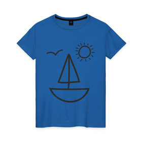 Женская футболка хлопок с принтом Настроение - море в Санкт-Петербурге, 100% хлопок | прямой крой, круглый вырез горловины, длина до линии бедер, слегка спущенное плечо | корабль | лицо | лодка | море | настроение | парус | птица | рожица | солнце | улыбка | чайка | яхта