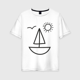 Женская футболка хлопок Oversize с принтом Настроение - море в Санкт-Петербурге, 100% хлопок | свободный крой, круглый ворот, спущенный рукав, длина до линии бедер
 | Тематика изображения на принте: корабль | лицо | лодка | море | настроение | парус | птица | рожица | солнце | улыбка | чайка | яхта