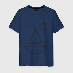 Мужская футболка хлопок с принтом Настроение - море в Санкт-Петербурге, 100% хлопок | прямой крой, круглый вырез горловины, длина до линии бедер, слегка спущенное плечо. | корабль | лицо | лодка | море | настроение | парус | птица | рожица | солнце | улыбка | чайка | яхта