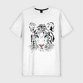Мужская футболка премиум с принтом Белый тигр в Санкт-Петербурге, 92% хлопок, 8% лайкра | приталенный силуэт, круглый вырез ворота, длина до линии бедра, короткий рукав | белый | голова | красивый | редкий | тигр
