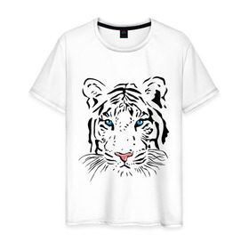 Мужская футболка хлопок с принтом Белый тигр в Санкт-Петербурге, 100% хлопок | прямой крой, круглый вырез горловины, длина до линии бедер, слегка спущенное плечо. | белый | голова | красивый | редкий | тигр