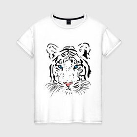 Женская футболка хлопок с принтом Белый тигр в Санкт-Петербурге, 100% хлопок | прямой крой, круглый вырез горловины, длина до линии бедер, слегка спущенное плечо | белый | голова | красивый | редкий | тигр