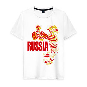 Мужская футболка хлопок с принтом Россия в Санкт-Петербурге, 100% хлопок | прямой крой, круглый вырез горловины, длина до линии бедер, слегка спущенное плечо. | жар | золотая | металл | патриот | птица | россия | русский