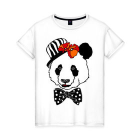 Женская футболка хлопок с принтом Панда с маками в Санкт-Петербурге, 100% хлопок | прямой крой, круглый вырез горловины, длина до линии бедер, слегка спущенное плечо | бабочка | галстук | мак | медведь | панда | цветы | шляпа