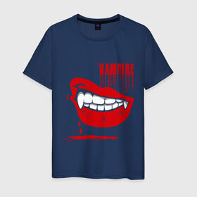 Мужская футболка хлопок с принтом Вампир в Санкт-Петербурге, 100% хлопок | прямой крой, круглый вырез горловины, длина до линии бедер, слегка спущенное плечо. | вампир | губы | зубы | клыки | кровь | улыбка | усмешка | ухмылка