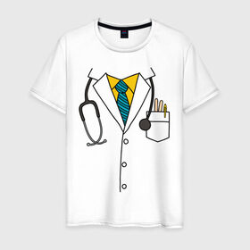 Мужская футболка хлопок с принтом Халат врача в Санкт-Петербурге, 100% хлопок | прямой крой, круглый вырез горловины, длина до линии бедер, слегка спущенное плечо. | врач | врачам | доктор | докторам | костюм врача | медик | медикам | стетоскоп | халат врача