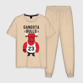 Мужская пижама хлопок с принтом Gangsta Bulls в Санкт-Петербурге, 100% хлопок | брюки и футболка прямого кроя, без карманов, на брюках мягкая резинка на поясе и по низу штанин
 | bulls | chicago | gangsta | бык | гангстер | чикаго