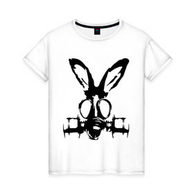 Женская футболка хлопок с принтом Заяц в противогазе в Санкт-Петербурге, 100% хлопок | прямой крой, круглый вырез горловины, длина до линии бедер, слегка спущенное плечо | заяц | кролик | осел | противогаз | респиратор | уши