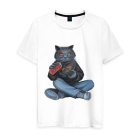 Мужская футболка хлопок с принтом Кот геймер в Санкт-Петербурге, 100% хлопок | прямой крой, круглый вырез горловины, длина до линии бедер, слегка спущенное плечо. | джойстик | игрок | кола | контроллер | кот
