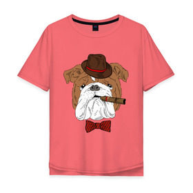 Мужская футболка хлопок Oversize с принтом Английский бульдог с сигарой в Санкт-Петербурге, 100% хлопок | свободный крой, круглый ворот, “спинка” длиннее передней части | английский | бабочка | бульдог | галстук | пес | псина | собака | шляпа