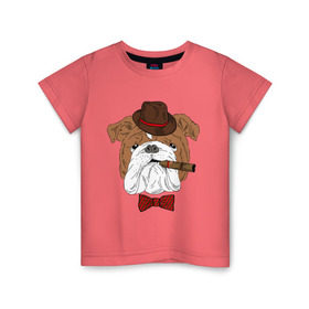 Детская футболка хлопок с принтом Английский бульдог с сигарой в Санкт-Петербурге, 100% хлопок | круглый вырез горловины, полуприлегающий силуэт, длина до линии бедер | английский | бабочка | бульдог | галстук | пес | псина | собака | шляпа