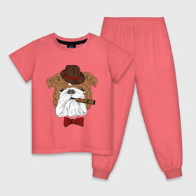 Детская пижама хлопок с принтом Английский бульдог с сигарой в Санкт-Петербурге, 100% хлопок |  брюки и футболка прямого кроя, без карманов, на брюках мягкая резинка на поясе и по низу штанин
 | английский | бабочка | бульдог | галстук | пес | псина | собака | шляпа