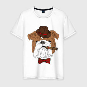 Мужская футболка хлопок с принтом Английский бульдог с сигарой в Санкт-Петербурге, 100% хлопок | прямой крой, круглый вырез горловины, длина до линии бедер, слегка спущенное плечо. | английский | бабочка | бульдог | галстук | пес | псина | собака | шляпа