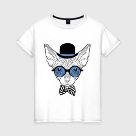 Женская футболка хлопок с принтом Сфинкс в цилиндре в Санкт-Петербурге, 100% хлопок | прямой крой, круглый вырез горловины, длина до линии бедер, слегка спущенное плечо | бабочка | галстук | кот | котелок | кошка. киса | очки | сфинкс | цилиндр | шляпа