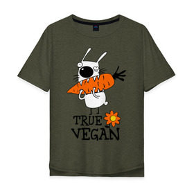 Мужская футболка хлопок Oversize с принтом True vegan (истинный веган) в Санкт-Петербурге, 100% хлопок | свободный крой, круглый ворот, “спинка” длиннее передней части | carrot | flower | rabbit | true | vegan | веган | заяц | истинный | морковка | ролик | цветок | экология