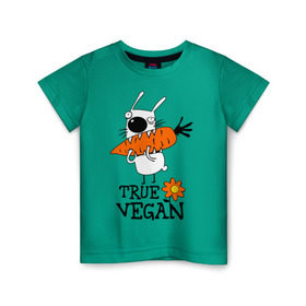 Детская футболка хлопок с принтом True vegan (истинный веган) в Санкт-Петербурге, 100% хлопок | круглый вырез горловины, полуприлегающий силуэт, длина до линии бедер | carrot | flower | rabbit | true | vegan | веган | заяц | истинный | морковка | ролик | цветок | экология