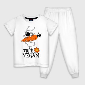 Детская пижама хлопок с принтом True vegan (истинный веган) в Санкт-Петербурге, 100% хлопок |  брюки и футболка прямого кроя, без карманов, на брюках мягкая резинка на поясе и по низу штанин
 | Тематика изображения на принте: carrot | flower | rabbit | true | vegan | веган | заяц | истинный | морковка | ролик | цветок | экология