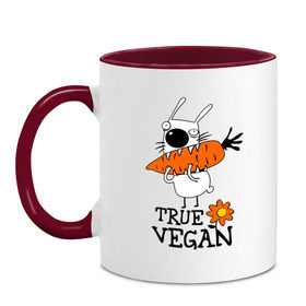 Кружка двухцветная с принтом True vegan (истинный веган) в Санкт-Петербурге, керамика | объем — 330 мл, диаметр — 80 мм. Цветная ручка и кайма сверху, в некоторых цветах — вся внутренняя часть | carrot | flower | rabbit | true | vegan | веган | заяц | истинный | морковка | ролик | цветок | экология