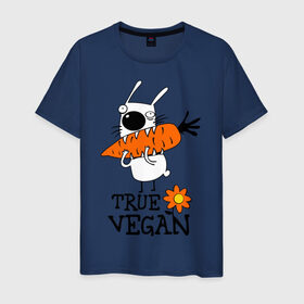 Мужская футболка хлопок с принтом True vegan (истинный веган) в Санкт-Петербурге, 100% хлопок | прямой крой, круглый вырез горловины, длина до линии бедер, слегка спущенное плечо. | carrot | flower | rabbit | true | vegan | веган | заяц | истинный | морковка | ролик | цветок | экология