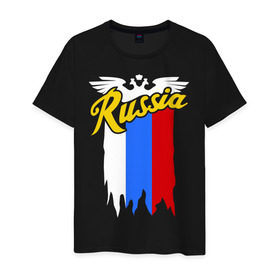 Мужская футболка хлопок с принтом Russia каллиграфия флаг в Санкт-Петербурге, 100% хлопок | прямой крой, круглый вырез горловины, длина до линии бедер, слегка спущенное плечо. | герб | каллиграфия | патриот | россия | русский | рф | флаг