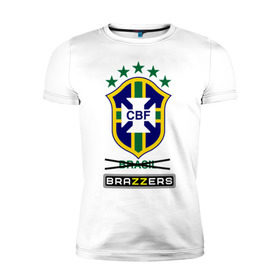 Мужская футболка премиум с принтом Сборная Бразилии по футболу в Санкт-Петербурге, 92% хлопок, 8% лайкра | приталенный силуэт, круглый вырез ворота, длина до линии бедра, короткий рукав | Тематика изображения на принте: brazzers | бразилия