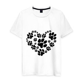 Мужская футболка хлопок с принтом Сердце из собачьих следов в Санкт-Петербурге, 100% хлопок | прямой крой, круглый вырез горловины, длина до линии бедер, слегка спущенное плечо. | 