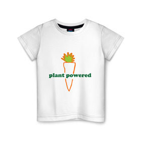 Детская футболка хлопок с принтом Vegetarian plant powered в Санкт-Петербурге, 100% хлопок | круглый вырез горловины, полуприлегающий силуэт, длина до линии бедер | carrot | plant | power | vegan. vegeterian | веган | вегетарианец | заряжен | морковь | овощи | растение | сила | фрукты