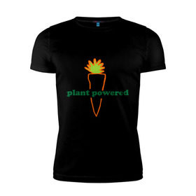 Мужская футболка премиум с принтом Vegetarian plant powered в Санкт-Петербурге, 92% хлопок, 8% лайкра | приталенный силуэт, круглый вырез ворота, длина до линии бедра, короткий рукав | Тематика изображения на принте: carrot | plant | power | vegan. vegeterian | веган | вегетарианец | заряжен | морковь | овощи | растение | сила | фрукты