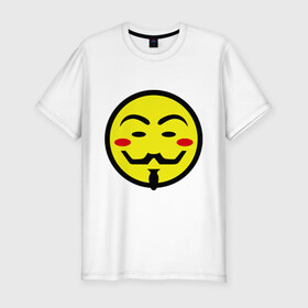 Мужская футболка премиум с принтом Вендетта смайлик в Санкт-Петербурге, 92% хлопок, 8% лайкра | приталенный силуэт, круглый вырез ворота, длина до линии бедра, короткий рукав | vendetta | анонимус | вендетта | гай | значит | маска | смайл | фокс