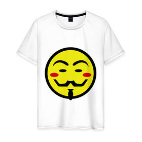 Мужская футболка хлопок с принтом Вендетта смайлик в Санкт-Петербурге, 100% хлопок | прямой крой, круглый вырез горловины, длина до линии бедер, слегка спущенное плечо. | Тематика изображения на принте: vendetta | анонимус | вендетта | гай | значит | маска | смайл | фокс