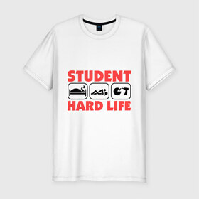 Мужская футболка премиум с принтом Тяжелая жизнь студента в Санкт-Петербурге, 92% хлопок, 8% лайкра | приталенный силуэт, круглый вырез ворота, длина до линии бедра, короткий рукав | drink | hard | life | sleep | student | вечеринка | жизнь | пати | сон | студент | тяжелая