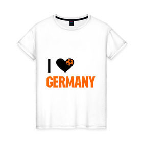 Женская футболка хлопок с принтом I love Germany в Санкт-Петербурге, 100% хлопок | прямой крой, круглый вырез горловины, длина до линии бедер, слегка спущенное плечо | deutsch | football | germany | heart | love | германия | люблю | мяч | сердце | футбол