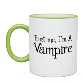 Кружка двухцветная с принтом Trust me I`m a vampire в Санкт-Петербурге, керамика | объем — 330 мл, диаметр — 80 мм. Цветная ручка и кайма сверху, в некоторых цветах — вся внутренняя часть | вампир | зубы | кино | кровь