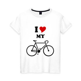 Женская футболка хлопок с принтом Я люблю велосипед в Санкт-Петербурге, 100% хлопок | прямой крой, круглый вырез горловины, длина до линии бедер, слегка спущенное плечо | Тематика изображения на принте: велик | велосипед | девушка | сердечко | я