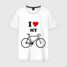 Мужская футболка хлопок с принтом Я люблю велосипед в Санкт-Петербурге, 100% хлопок | прямой крой, круглый вырез горловины, длина до линии бедер, слегка спущенное плечо. | Тематика изображения на принте: велик | велосипед | девушка | сердечко | я
