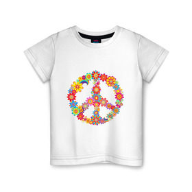 Детская футболка хлопок с принтом Знак PEACE из цветов в Санкт-Петербурге, 100% хлопок | круглый вырез горловины, полуприлегающий силуэт, длина до линии бедер | Тематика изображения на принте: 