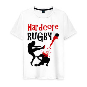 Мужская футболка хлопок с принтом Hardcore Rugby в Санкт-Петербурге, 100% хлопок | прямой крой, круглый вырез горловины, длина до линии бедер, слегка спущенное плечо. | Тематика изображения на принте: регби