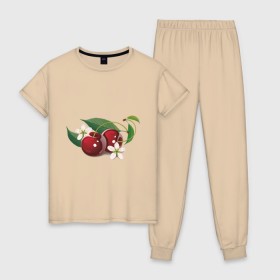 Женская пижама хлопок с принтом Сладкая вишенка в Санкт-Петербурге, 100% хлопок | брюки и футболка прямого кроя, без карманов, на брюках мягкая резинка на поясе и по низу штанин | вишенка | вишня | сеток | фрукты | цветы