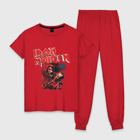 Женская пижама хлопок с принтом Iron Maiden в Санкт-Петербурге, 100% хлопок | брюки и футболка прямого кроя, без карманов, на брюках мягкая резинка на поясе и по низу штанин | гитара | скелет