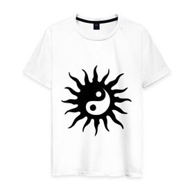 Мужская футболка хлопок с принтом Сияющий инь-ян в Санкт-Петербурге, 100% хлопок | прямой крой, круглый вырез горловины, длина до линии бедер, слегка спущенное плечо. | инь | луч | сияние | сияющий | солнце | ян | янь