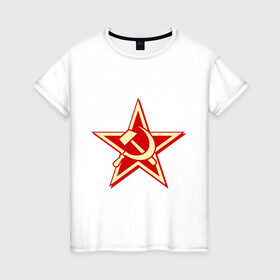 Женская футболка хлопок с принтом Слава советскому человеку в Санкт-Петербурге, 100% хлопок | прямой крой, круглый вырез горловины, длина до линии бедер, слегка спущенное плечо | Тематика изображения на принте: звезда | красный | молот | патриот | ретро | серп | ссср