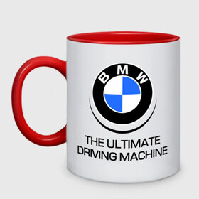 Кружка двухцветная с принтом BMW Driving Machine в Санкт-Петербурге, керамика | объем — 330 мл, диаметр — 80 мм. Цветная ручка и кайма сверху, в некоторых цветах — вся внутренняя часть | bmw | driving | machine | ultimate