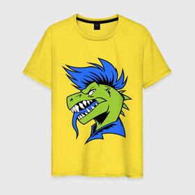 Мужская футболка хлопок с принтом Динозавр панк в Санкт-Петербурге, 100% хлопок | прямой крой, круглый вырез горловины, длина до линии бедер, слегка спущенное плечо. | динозавр | ирокез | неформал | панк | раптор