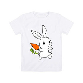 Детская футболка хлопок с принтом Зайка с морковкой в Санкт-Петербурге, 100% хлопок | круглый вырез горловины, полуприлегающий силуэт, длина до линии бедер | Тематика изображения на принте: белый | зайка | заяц | кролик | милый | морковь