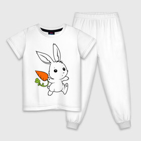 Детская пижама хлопок с принтом Зайка с морковкой в Санкт-Петербурге, 100% хлопок |  брюки и футболка прямого кроя, без карманов, на брюках мягкая резинка на поясе и по низу штанин
 | белый | зайка | заяц | кролик | милый | морковь
