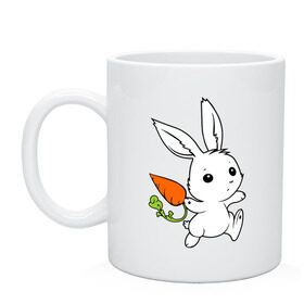 Кружка с принтом Зайка с морковкой в Санкт-Петербурге, керамика | объем — 330 мл, диаметр — 80 мм. Принт наносится на бока кружки, можно сделать два разных изображения | белый | зайка | заяц | кролик | милый | морковь