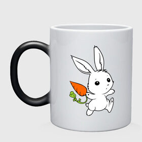 Кружка хамелеон с принтом Зайка с морковкой в Санкт-Петербурге, керамика | меняет цвет при нагревании, емкость 330 мл | Тематика изображения на принте: белый | зайка | заяц | кролик | милый | морковь