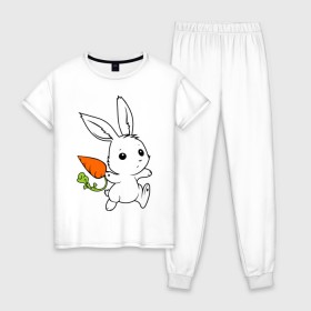 Женская пижама хлопок с принтом Зайка с морковкой в Санкт-Петербурге, 100% хлопок | брюки и футболка прямого кроя, без карманов, на брюках мягкая резинка на поясе и по низу штанин | белый | зайка | заяц | кролик | милый | морковь