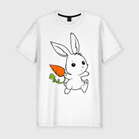 Мужская футболка премиум с принтом Зайка с морковкой в Санкт-Петербурге, 92% хлопок, 8% лайкра | приталенный силуэт, круглый вырез ворота, длина до линии бедра, короткий рукав | Тематика изображения на принте: белый | зайка | заяц | кролик | милый | морковь